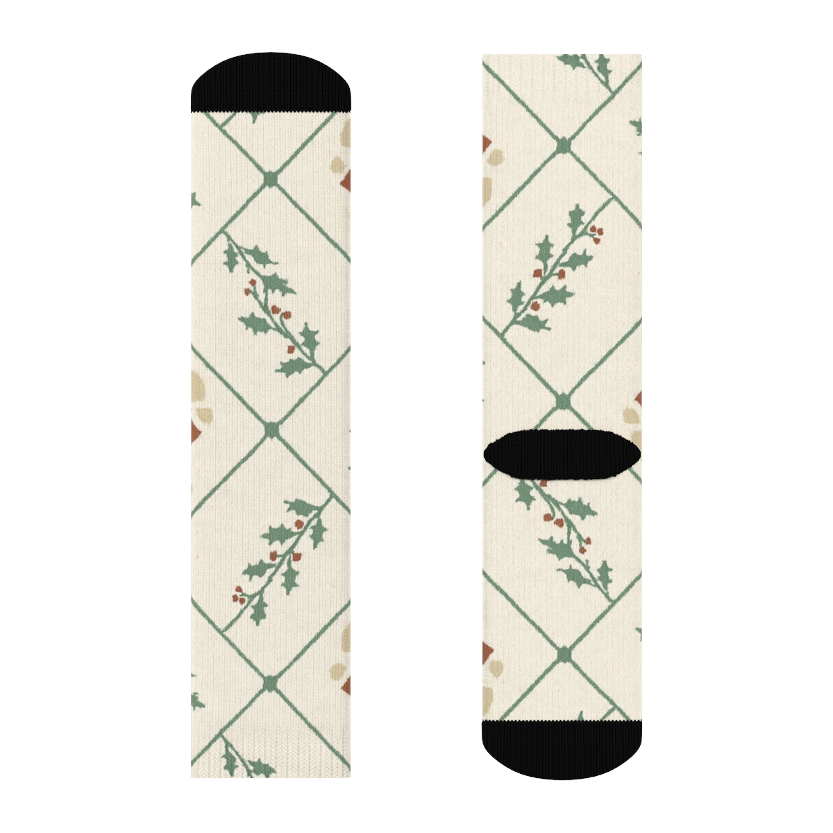Santa Claus Bear Lattice On Cream comfortable cotton crew socks