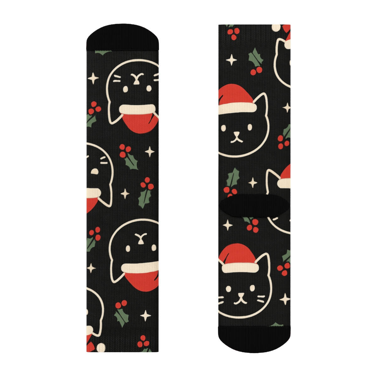Santa Hat Cat Face Grid On Black Background custom crew socks