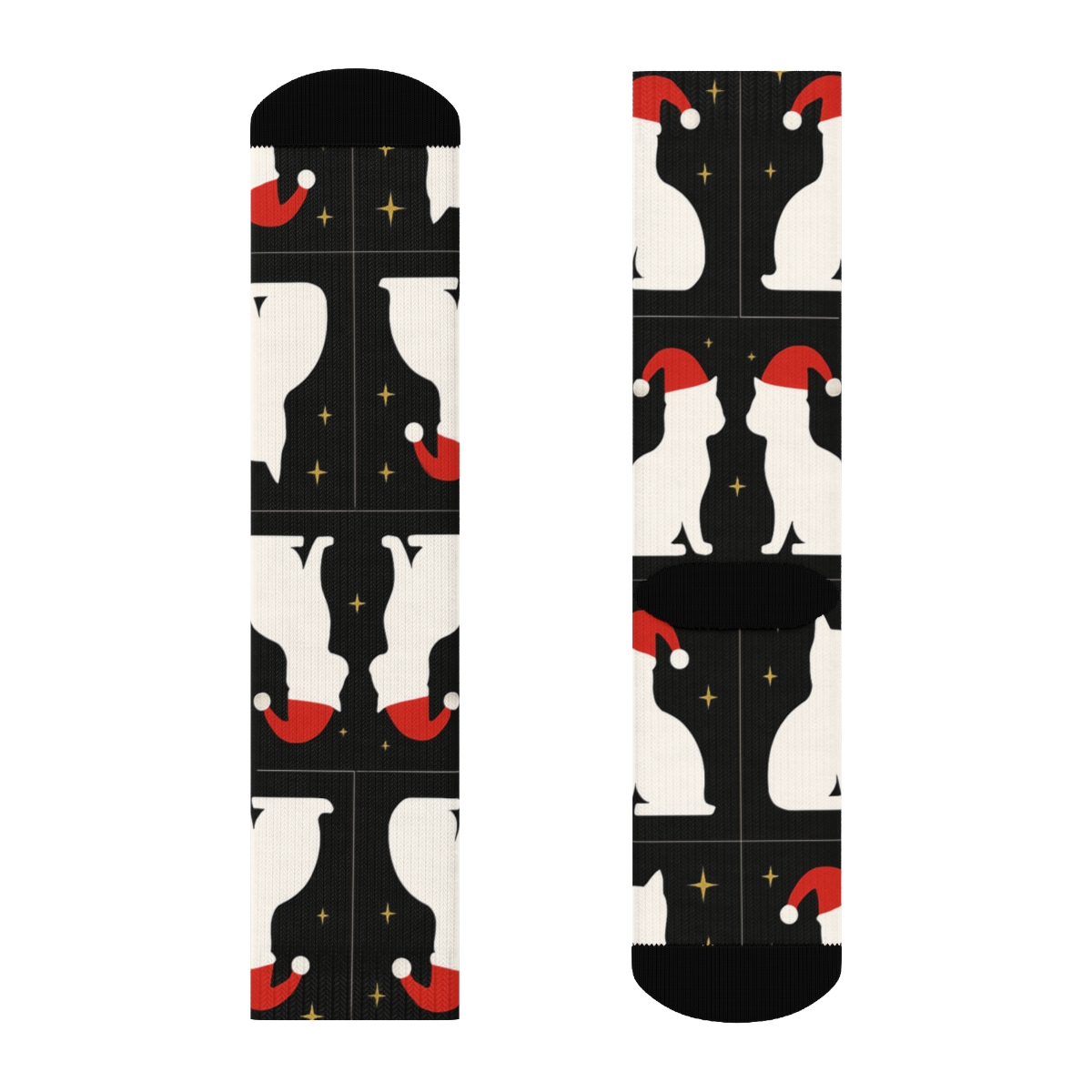 Santa Hat Cat Mirrored Pair Tiles On Black Background unique graphic crew socks