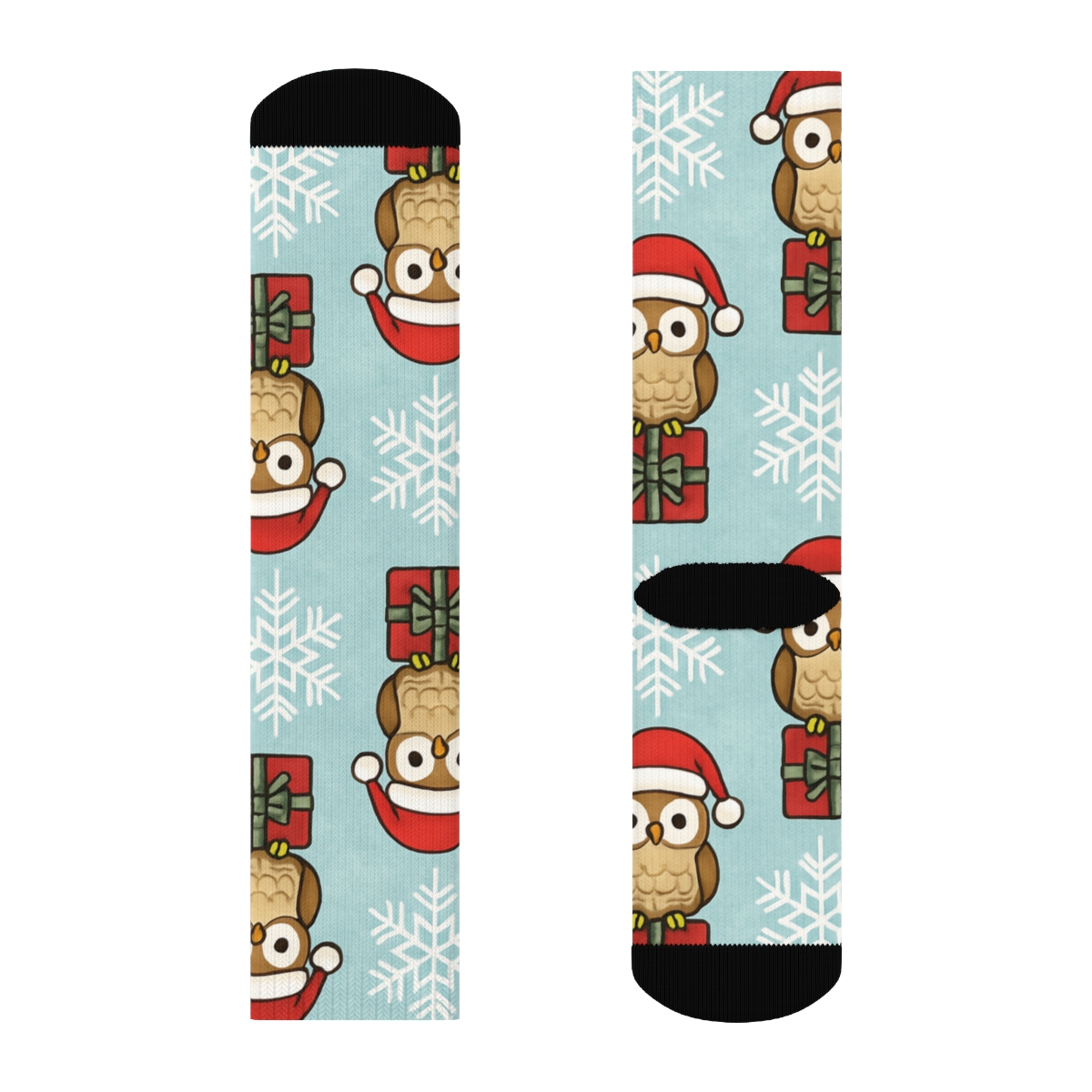 Santa Hat Owl Snowflake Grid On Ice Blue Background trendy patterned crew socks