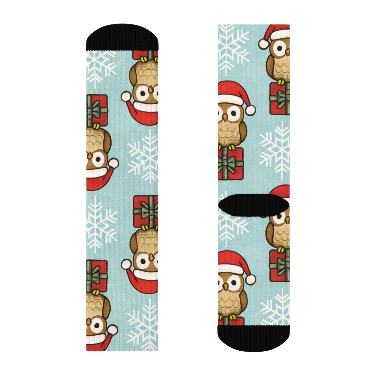 Santa Hat Owl Snowflake Grid On Ice Blue Background trendy patterned crew socks