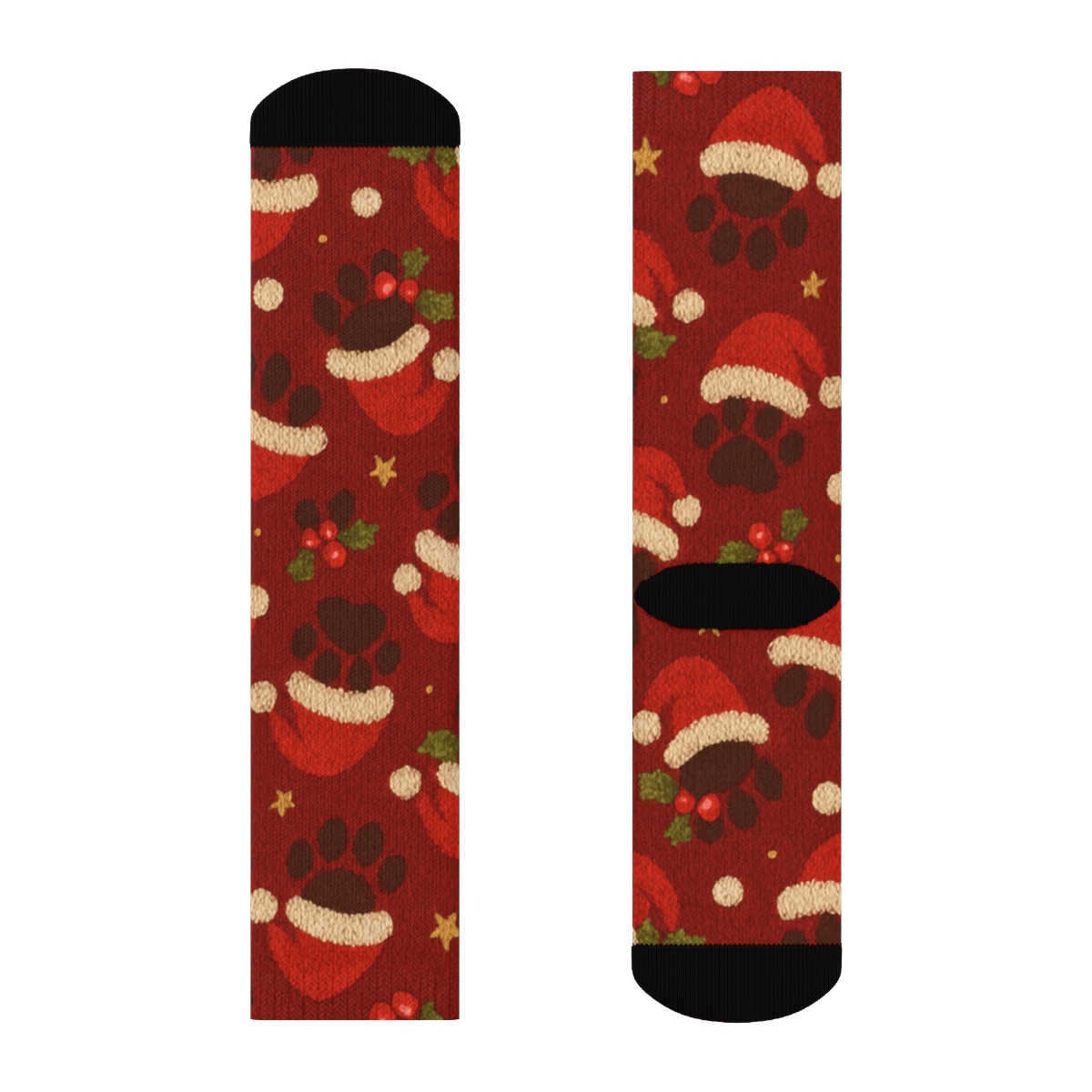 Santa Hat Paws Scatter On Deep Red unique graphic crew socks