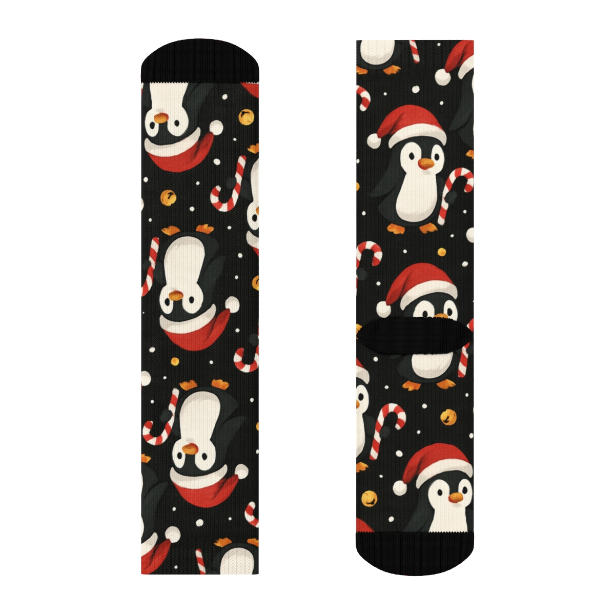Santa Hat Penguins Candy Cane Grid On Black Background stylish athletic crew socks