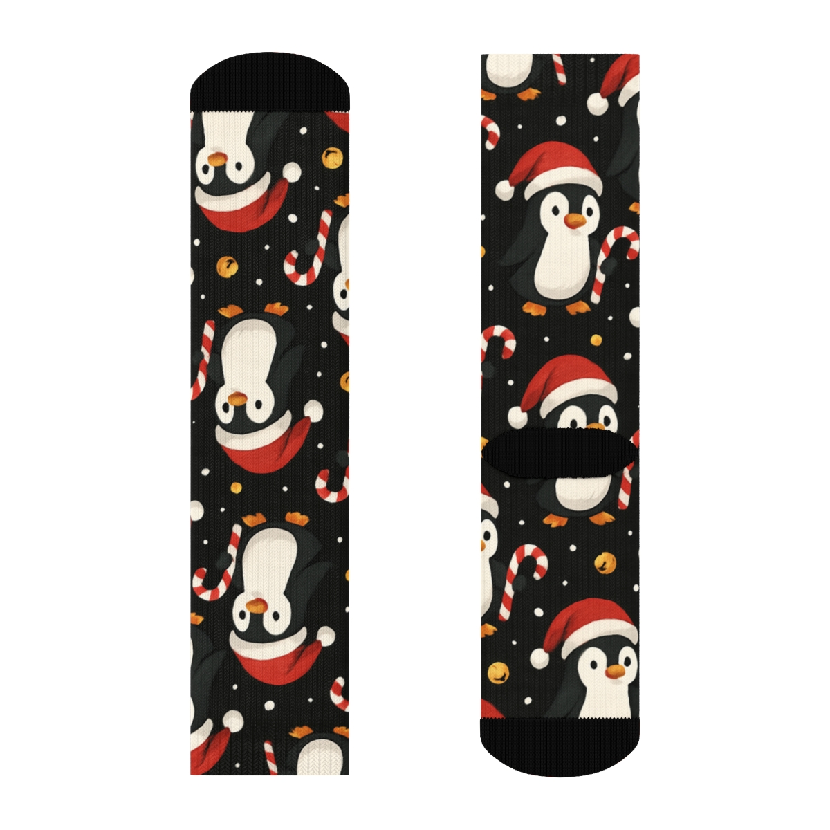 Santa Hat Penguins Candy Cane Grid On Black Background stylish athletic crew socks