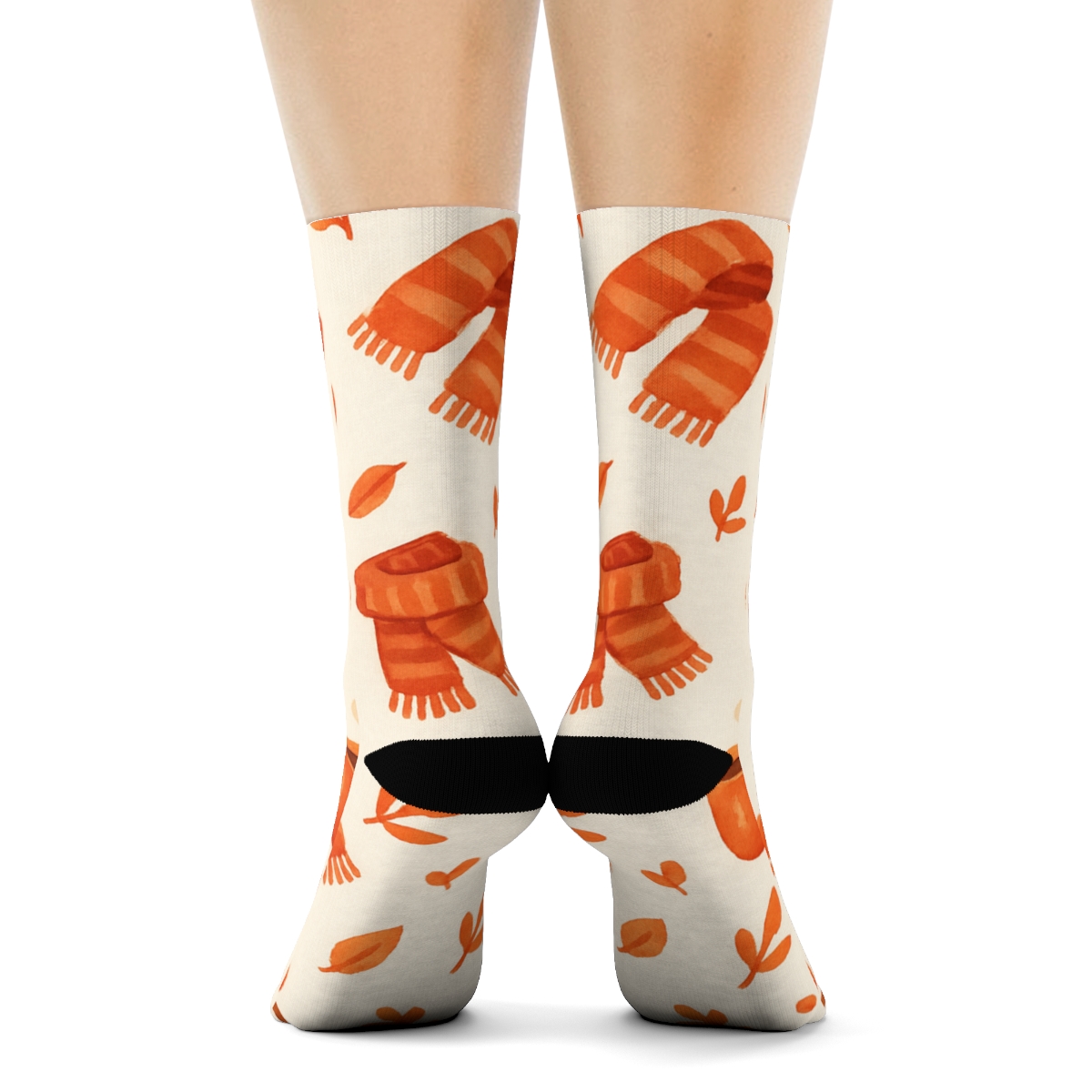 Scattered Coffee Mug And Scarf Motif On Ivory trendy patterned crew socks