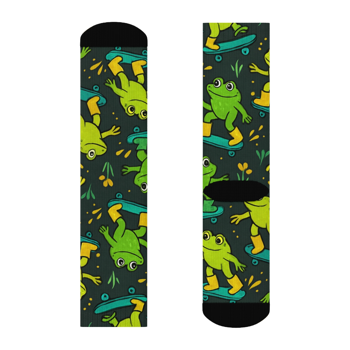 Skateboard Frogs Diagonal Tile On Charcoal trendy patterned crew socks