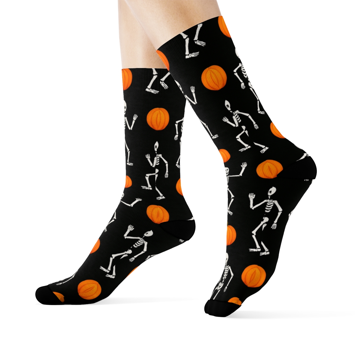 Skeleton Dance And Pumpkin Polka On Black Background personalized crew socks