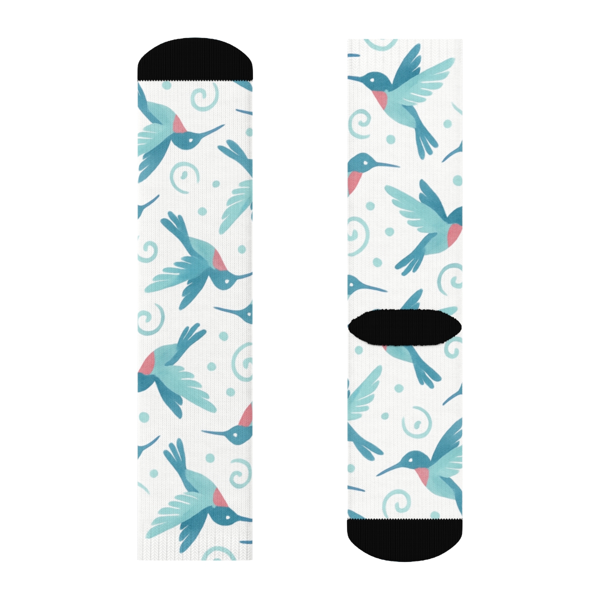 Sky Blue Hummingbird Flight Swirl On White Background unique graphic crew socks