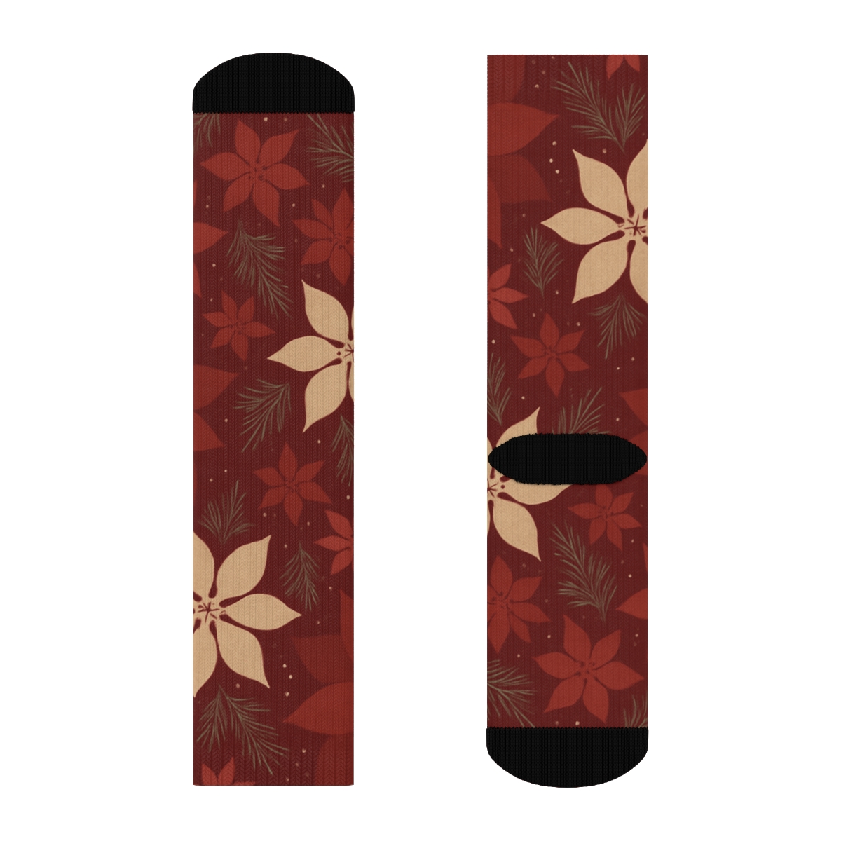 Snow Dusted Poinsettia Silhouette Scatter On Deep Crimson premium sports crew socks