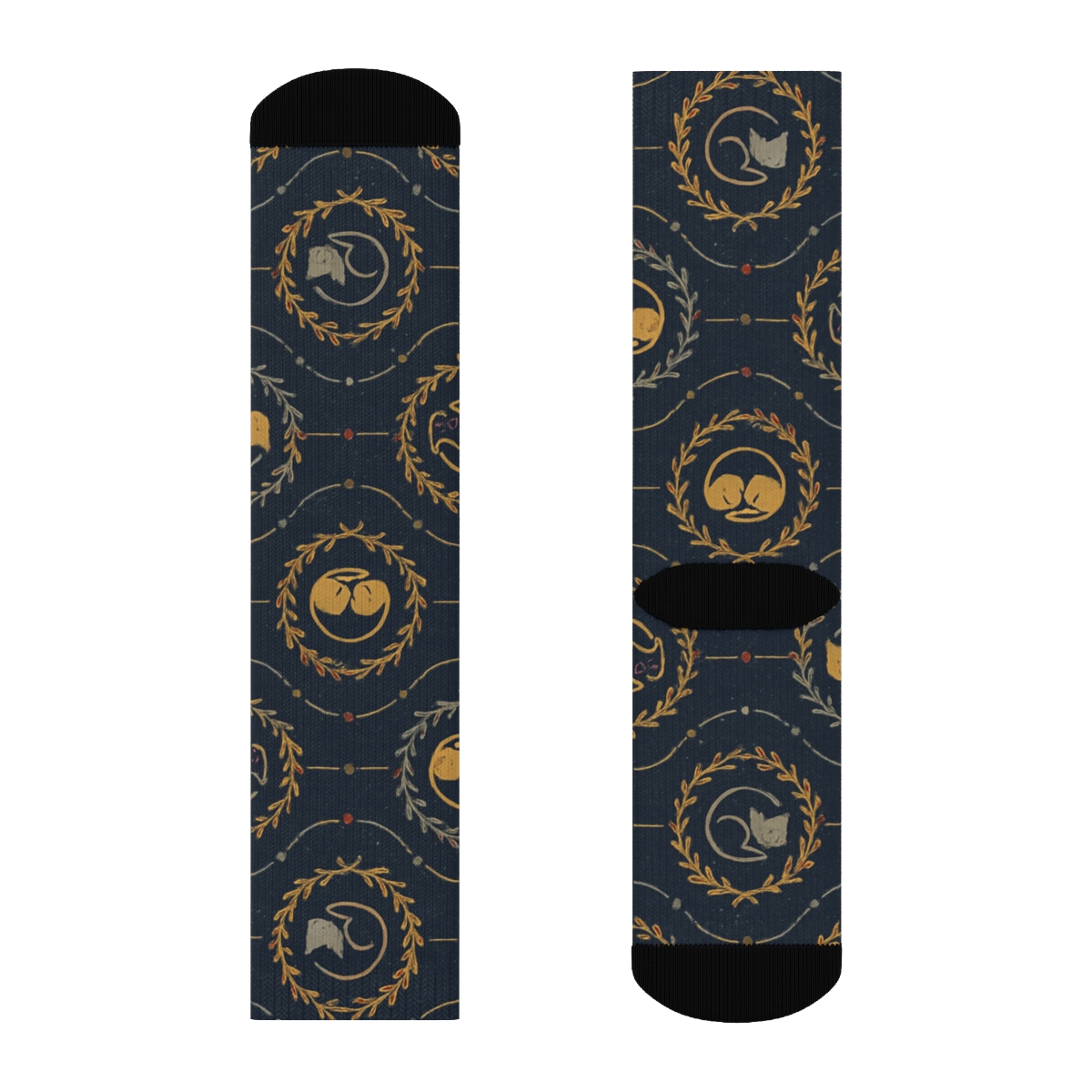 Snowy Cat Pattern Lattice On Navy Blue Background personalized crew socks