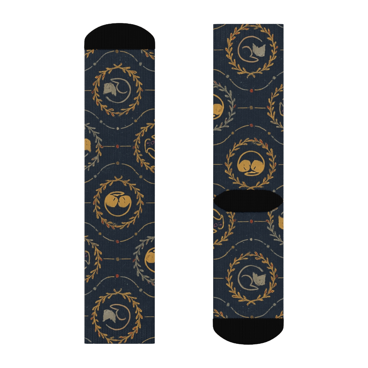 Snowy Cat Pattern Lattice On Navy Blue Background personalized crew socks