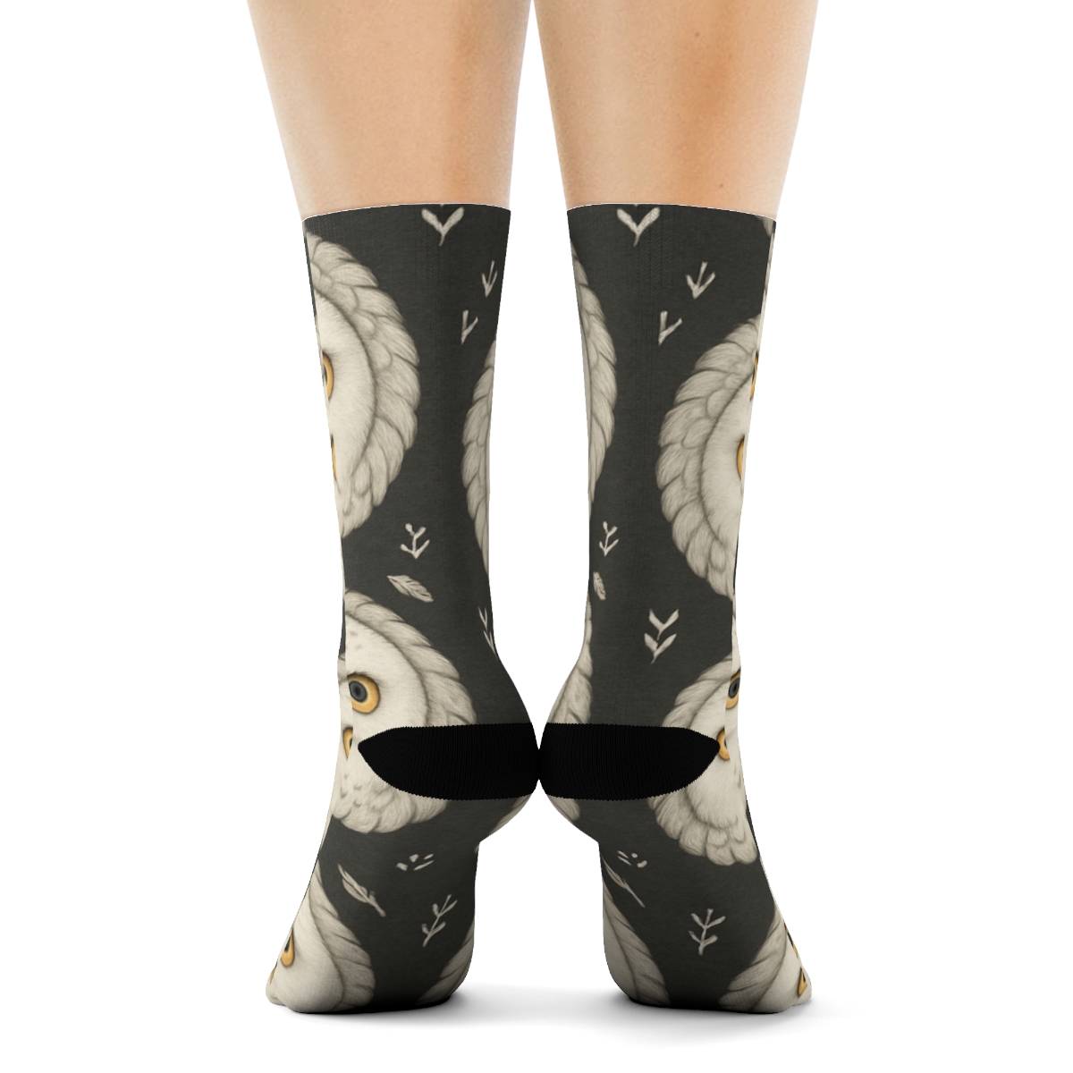 Snowy Owl Portrait Medallion Grid On Charcoal Background custom crew socks