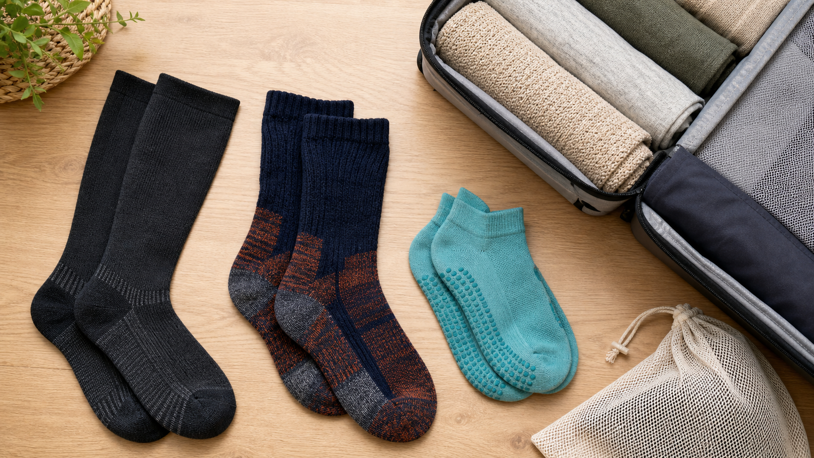 Travel flat lay with charcoal knee-high socks, navy ski socks, teal aqua socks, a carry-on and a laundry pouch