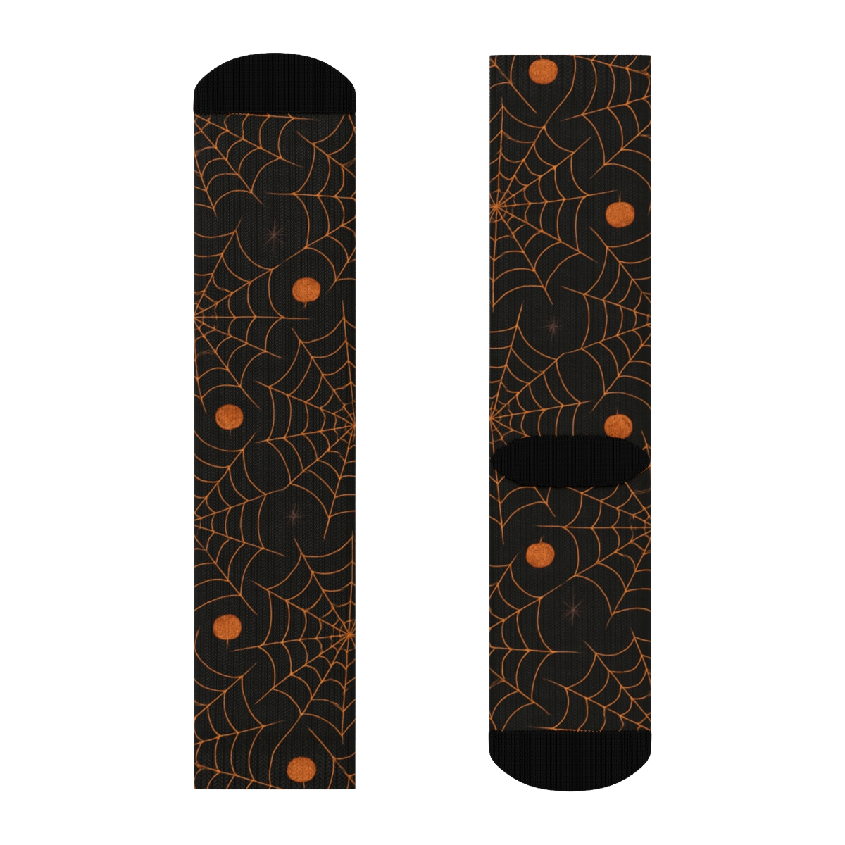 Spider Web Overlay With Orange Pumpkin Dots On Black Background designer printed crew socks