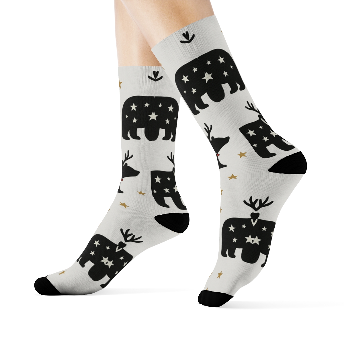 Starlit Reindeer Bear Silhouettes On Light Gray Background trendy patterned crew socks