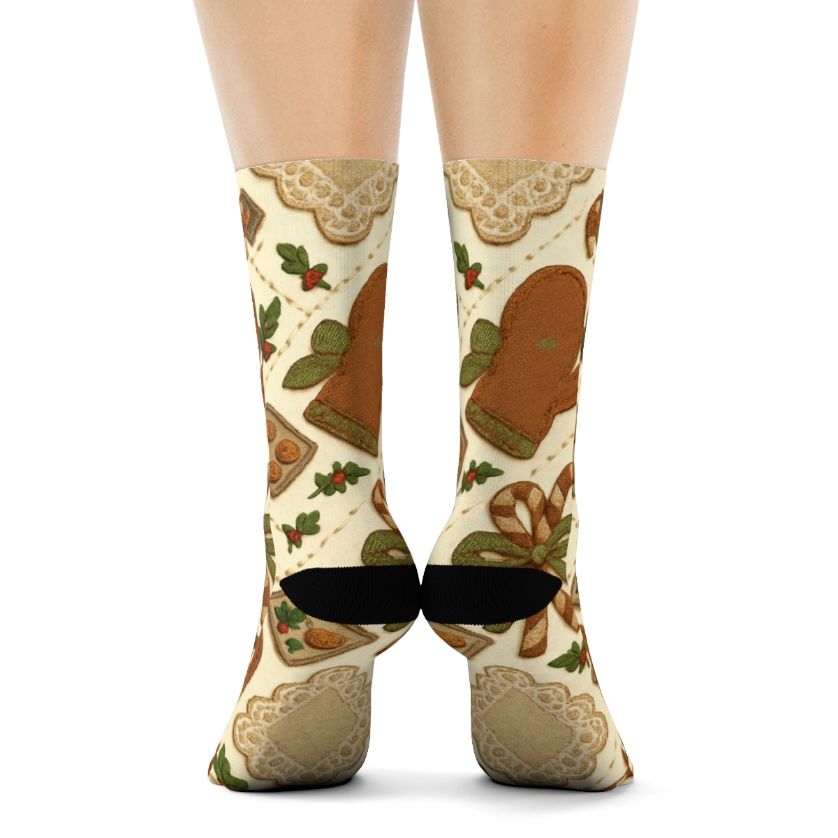 Stitched Textile Motif Mrs. Claus Mitten Tessellation soft everyday crew socks