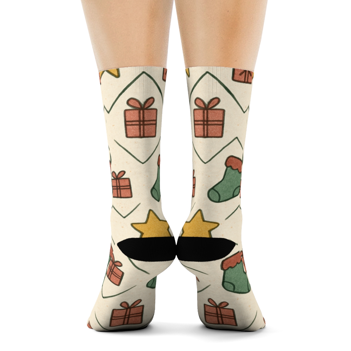 Stocking And Star Lattice On Ivory Background designer printed crew socks