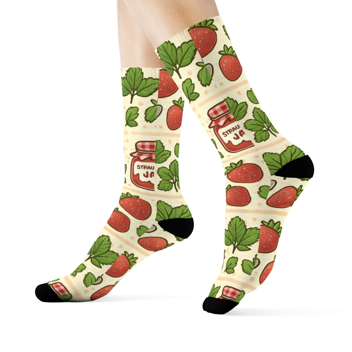 Strawberry Jam Jar Ribbon Parade On Cream Gingham Background designer printed crew socks
