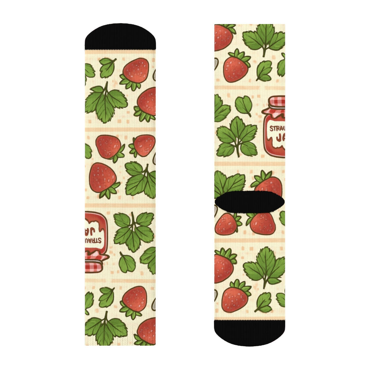 Strawberry Jam Jar Ribbon Parade On Cream Gingham Background designer printed crew socks
