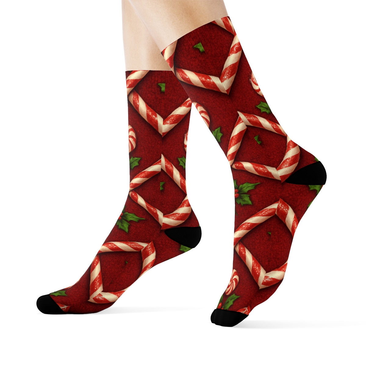 Sugar Dust Candy Canes Lattice On Deep Holiday Red designer printed crew socks