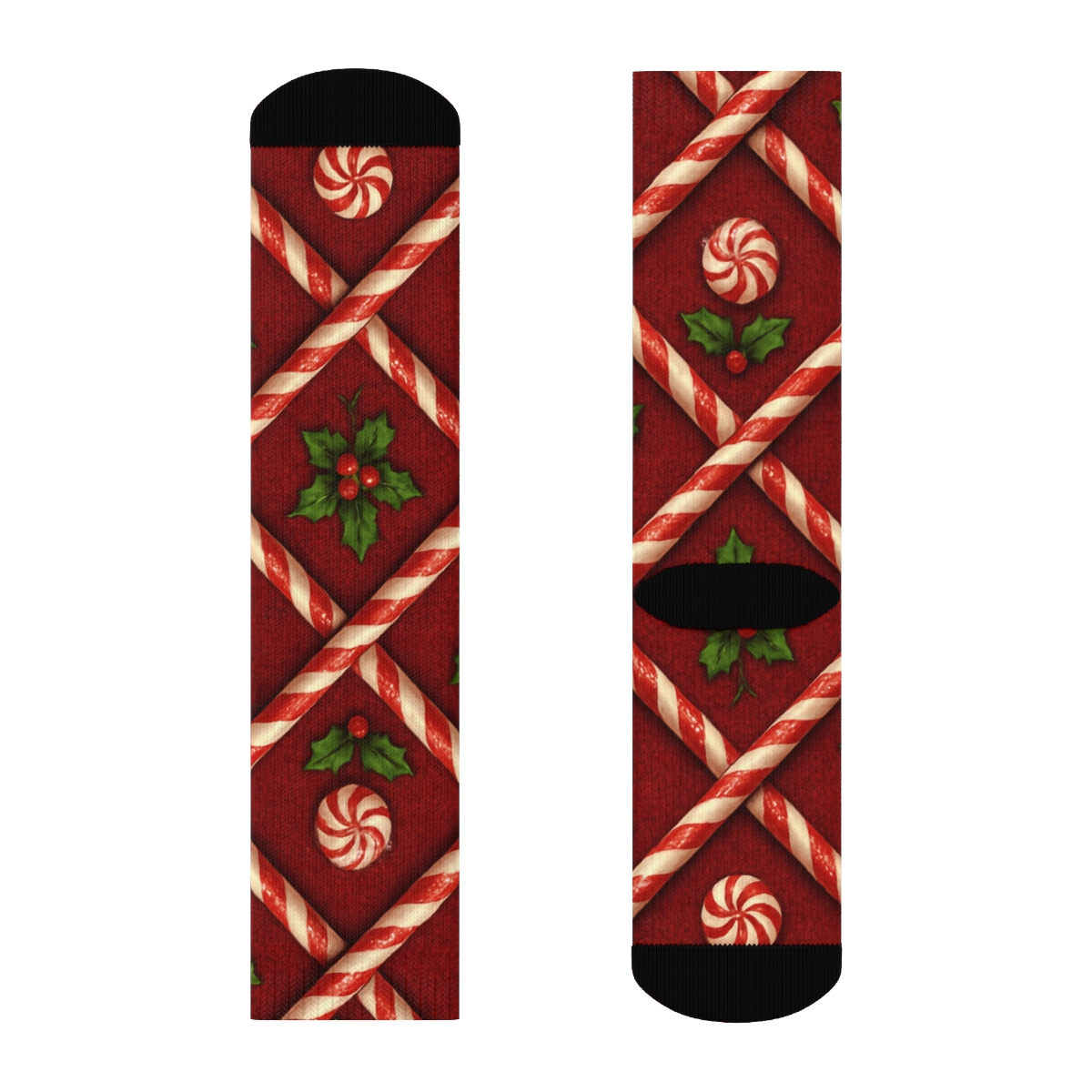 Sugar Dust Candy Canes Lattice On Deep Holiday Red designer printed crew socks