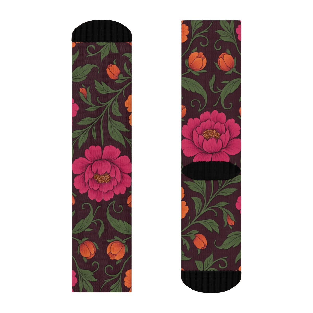 Sunset Peony Garland Mirror Repeat On Deep Plum Background premium sports crew socks
