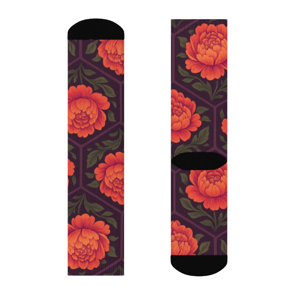 Sunset Peony Medallion Tessellation on Deep Plum Background Crew Socks