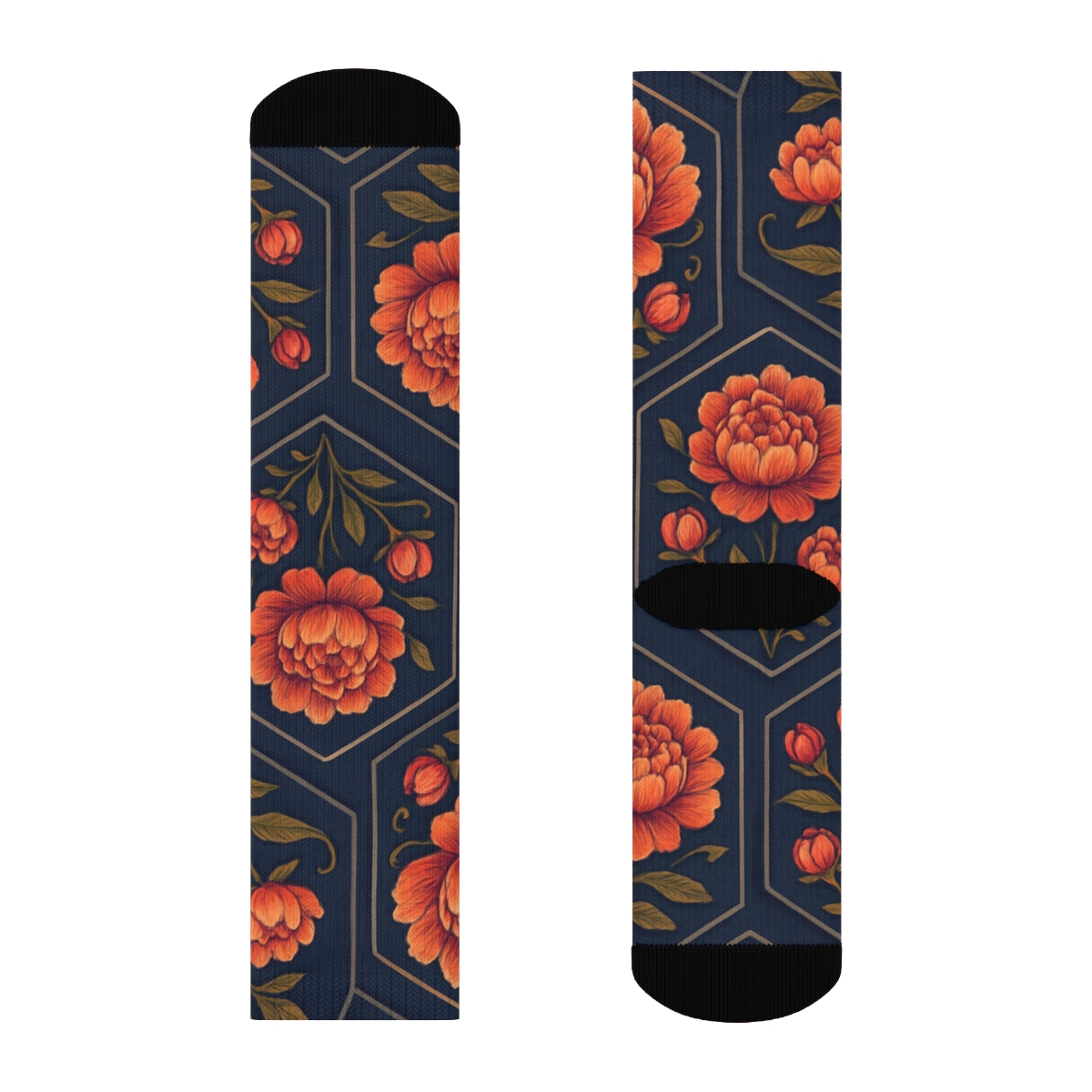 Sunset Peony Medallion Tiles On Deep Indigo Background stylish athletic crew socks