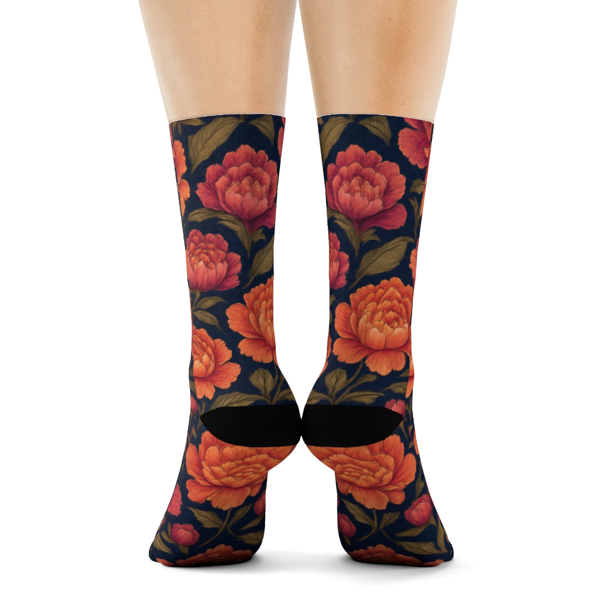 Sunset Peony Medallion Tiles On Deep Indigo Background custom crew socks
