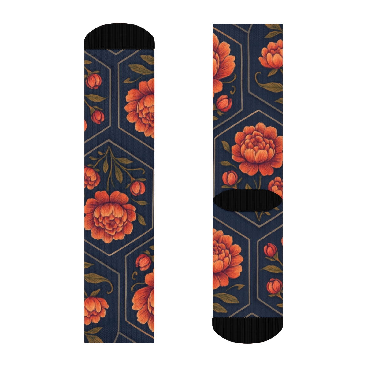 Sunset Peony Medallion Tiles On Deep Indigo Background stylish athletic crew socks