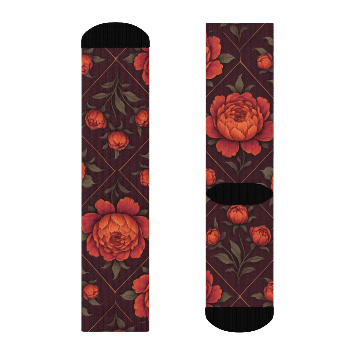 Sunset Peony Medallion Tiles On Deep Plum Background custom crew socks