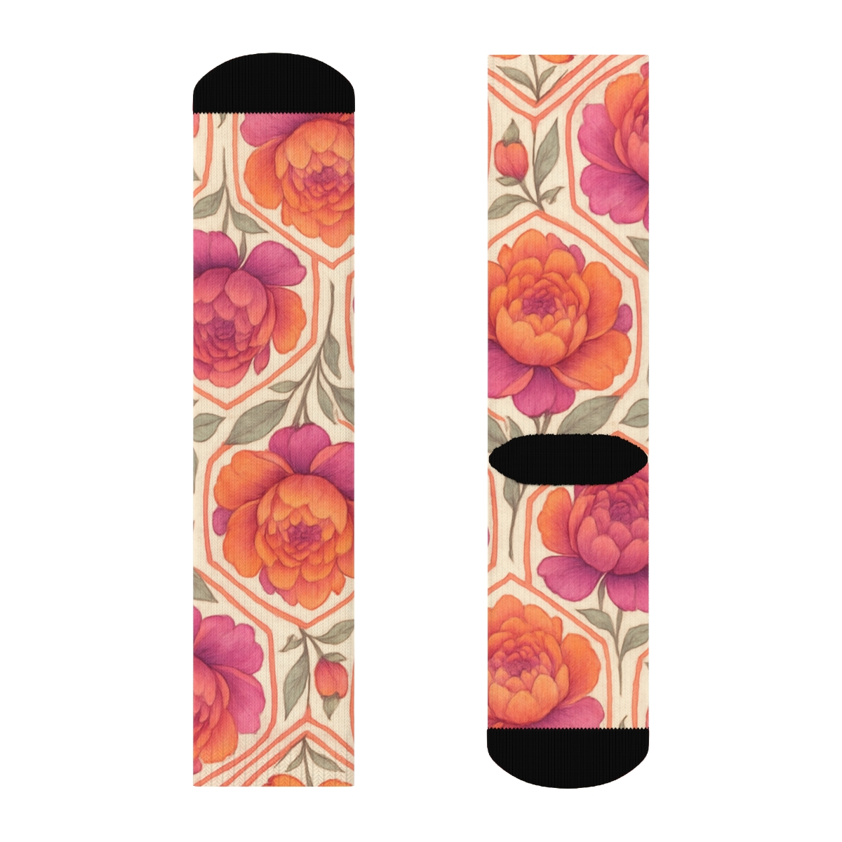 Sunset Peony Medallion Tiles On Ivory Background premium sports crew socks