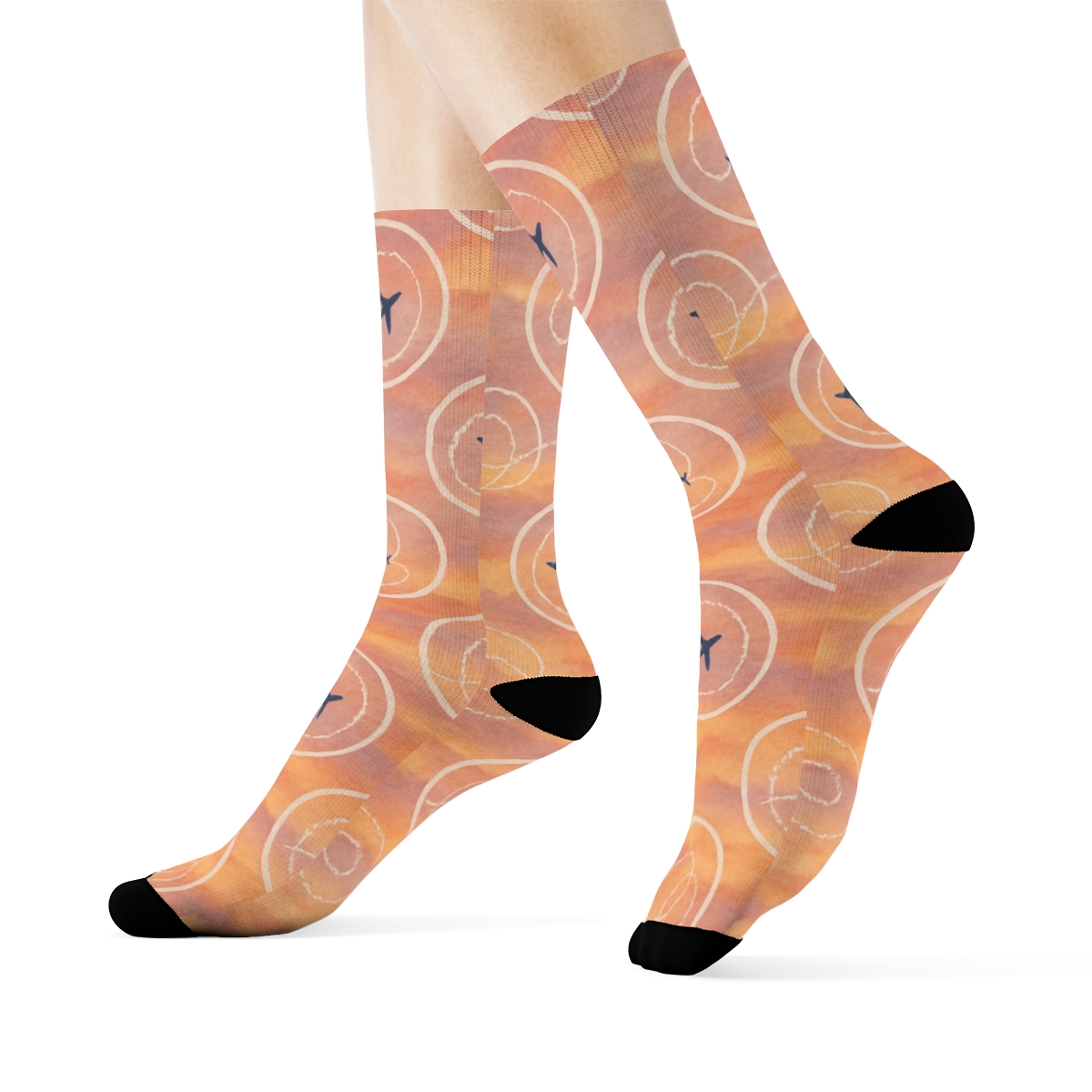 Sunset Sky Study With Airplane Path Medallions designer printed crew socks