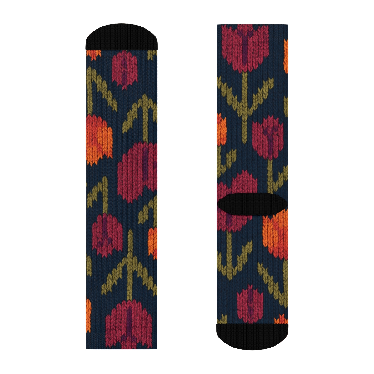 Sunset Tulip Chevron Weave On Deep Navy Background soft everyday crew socks