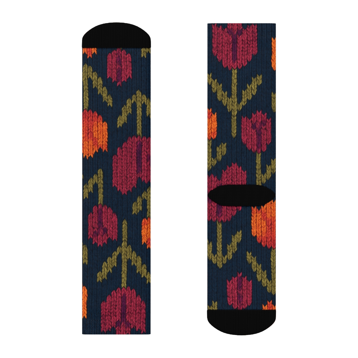 Sunset Tulip Chevron Weave On Deep Navy Background soft everyday crew socks
