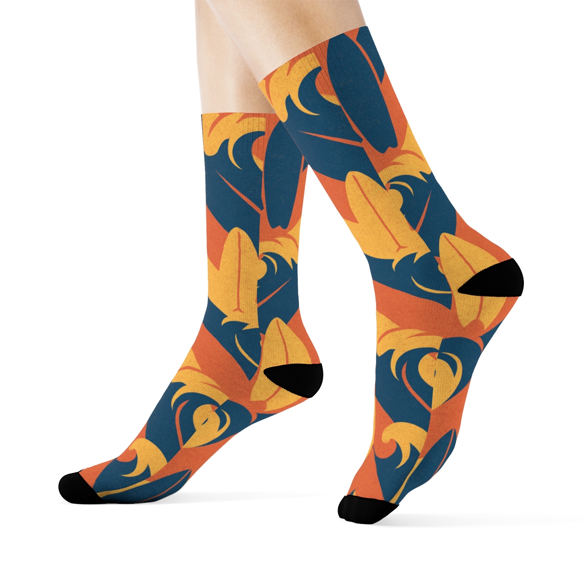 Surfboard Chevron Motion On Sunset designer printed crew socks