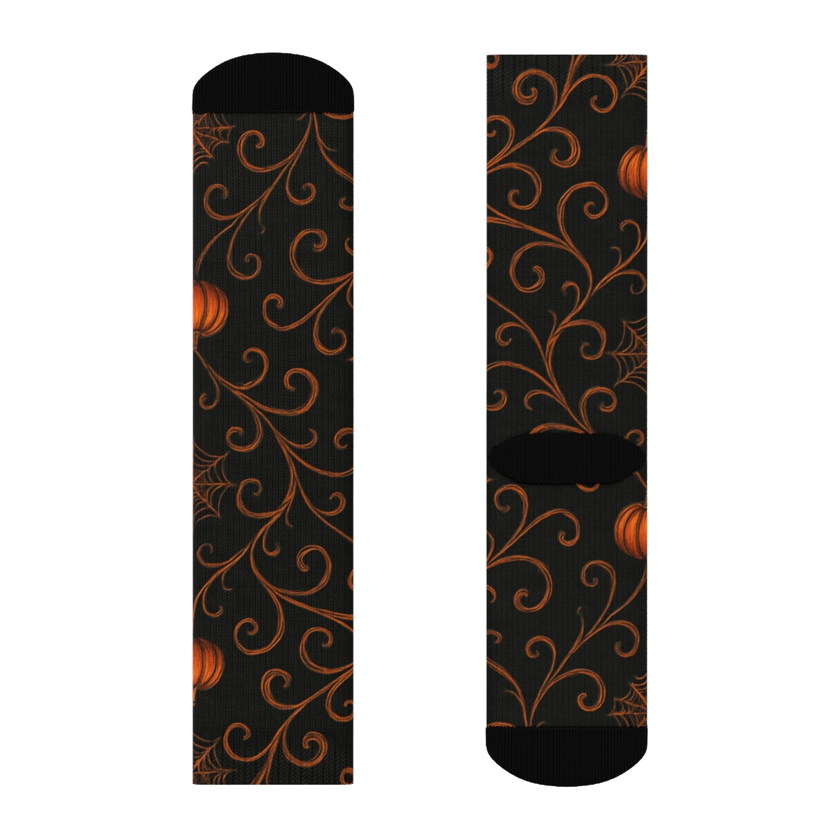 Tangled Orange Pumpkin Vines And Webs On Black Background stylish athletic crew socks
