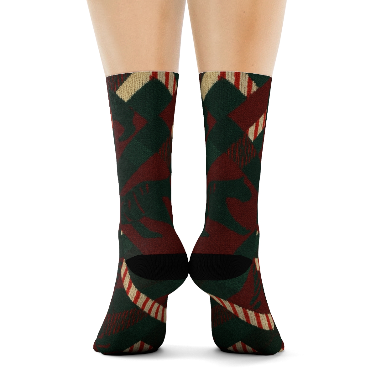 Tartan Tiger Plaid With Candy Canes On Maroon Background stylish athletic crew socks