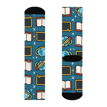 Teacher Chalkboard Orbit Grid On Classroom Blue unique graphic crew socks