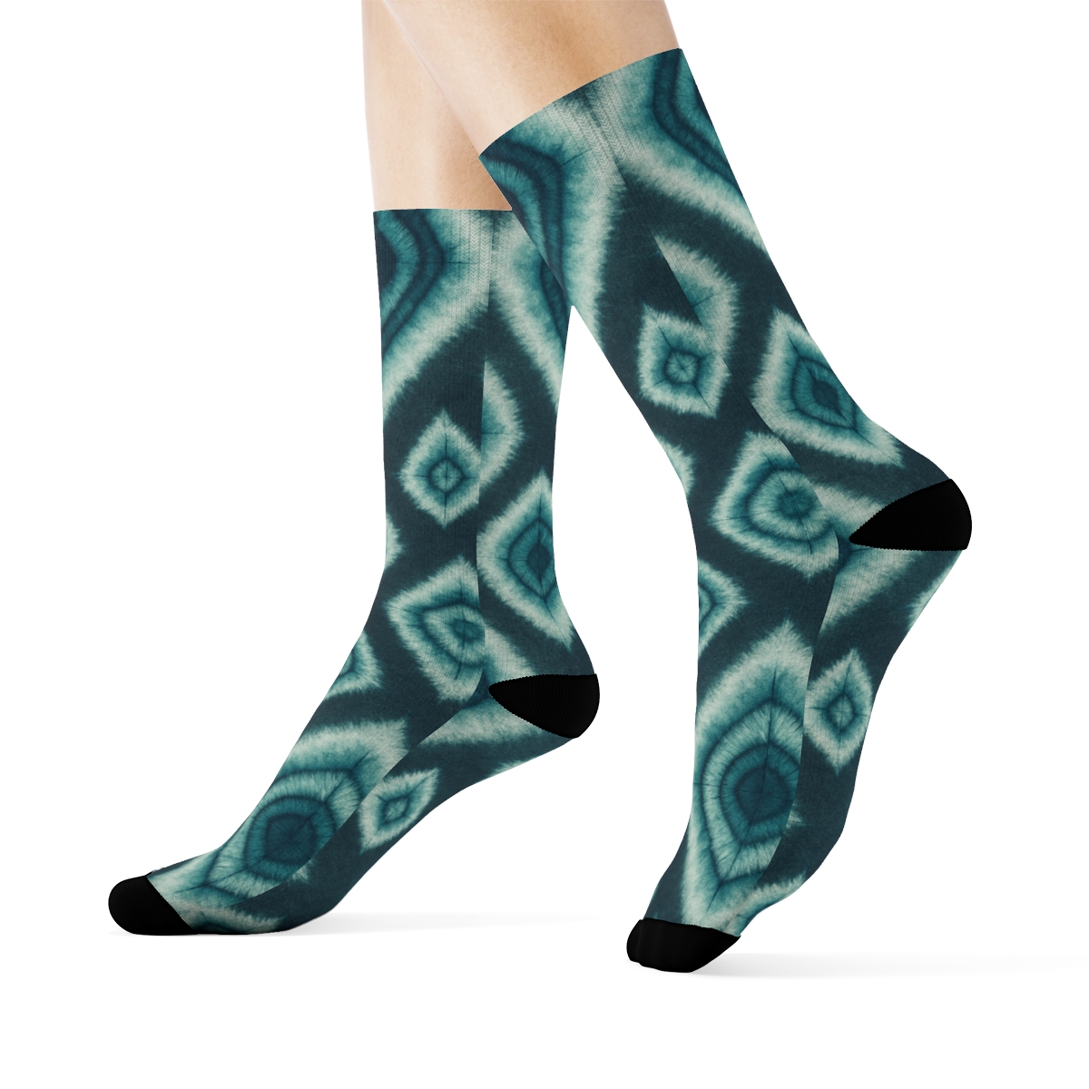 Teal Seafoam Shibori Diamond Pulse On Charcoal Background custom crew socks
