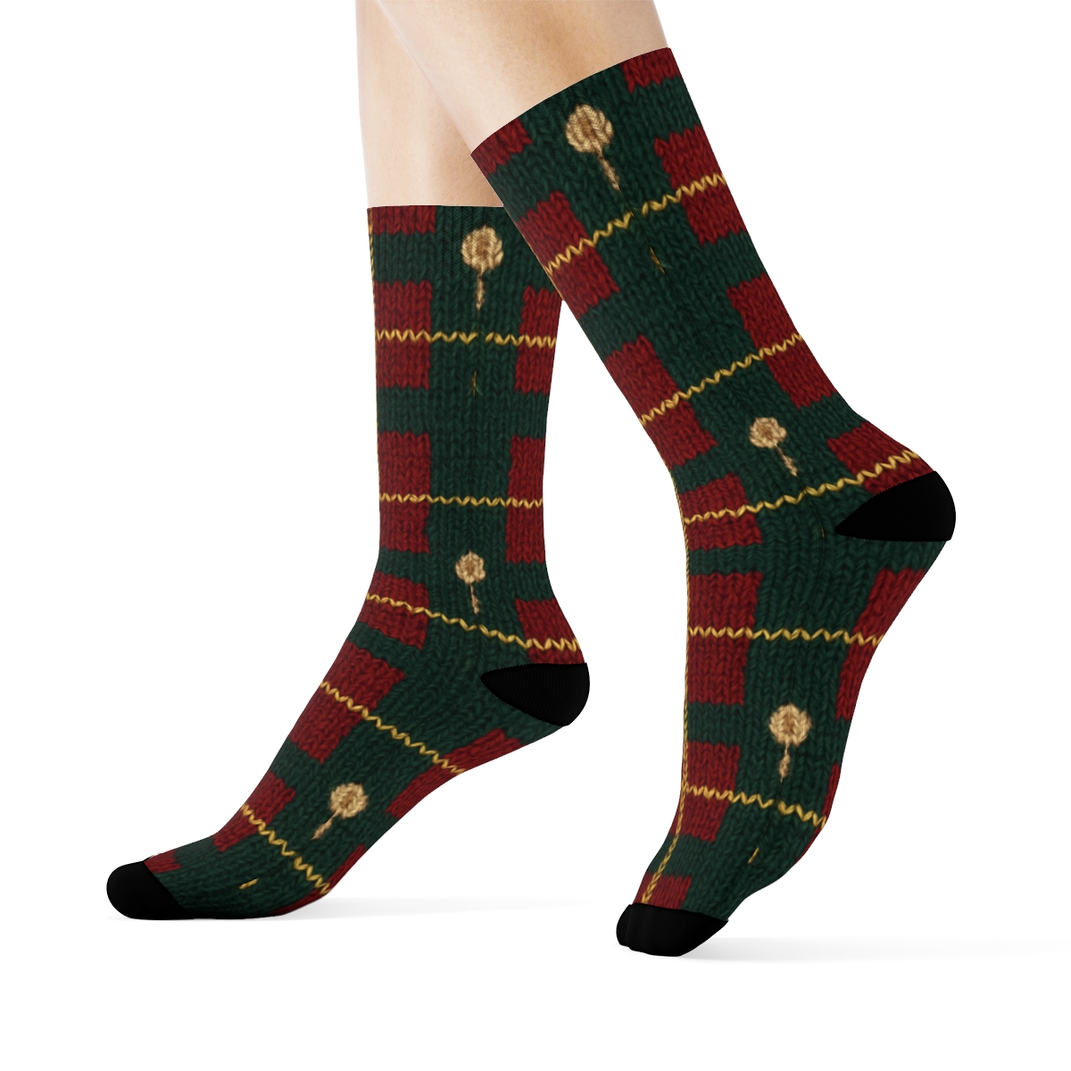 Teddy Bear Plaid Lattice On Crimson Field trendy patterned crew socks