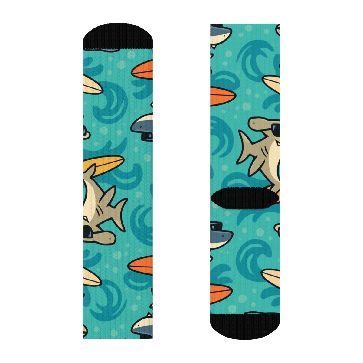 Tidal Grid Of Surfing Shark Characters unique graphic crew socks