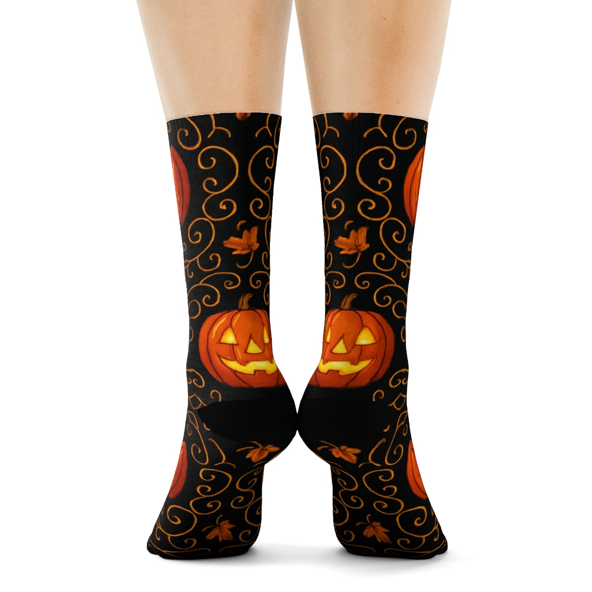 Twisting Pumpkin Vine Medallions On Black Background soft everyday crew socks
