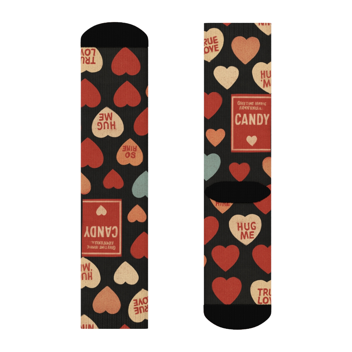 Vintage Candy Packaging Look With Valentines Candy Heart Accents designer printed crew socks