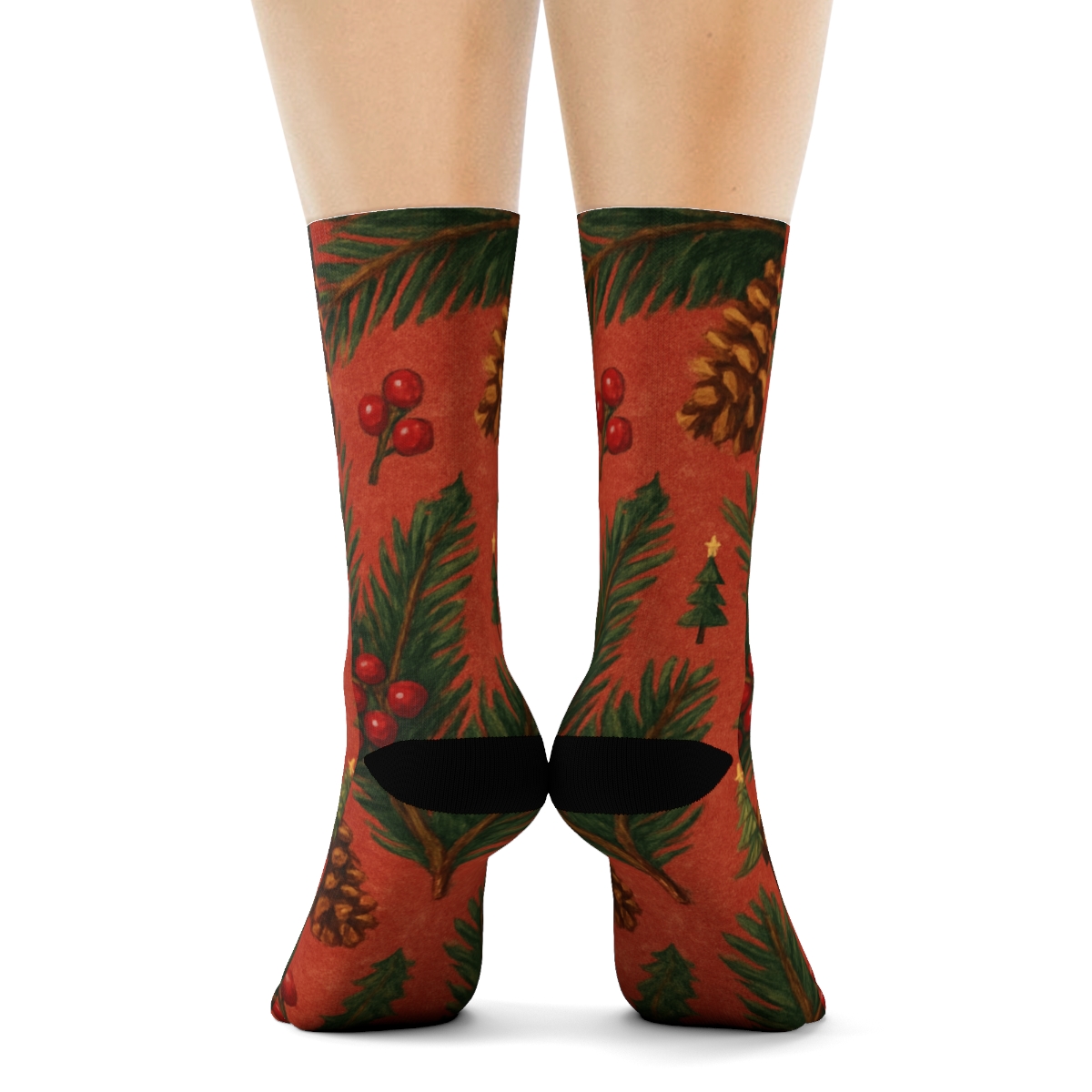 Vintage Pine Cone And Needle Scatter Christmas Tree designer printed crew socks