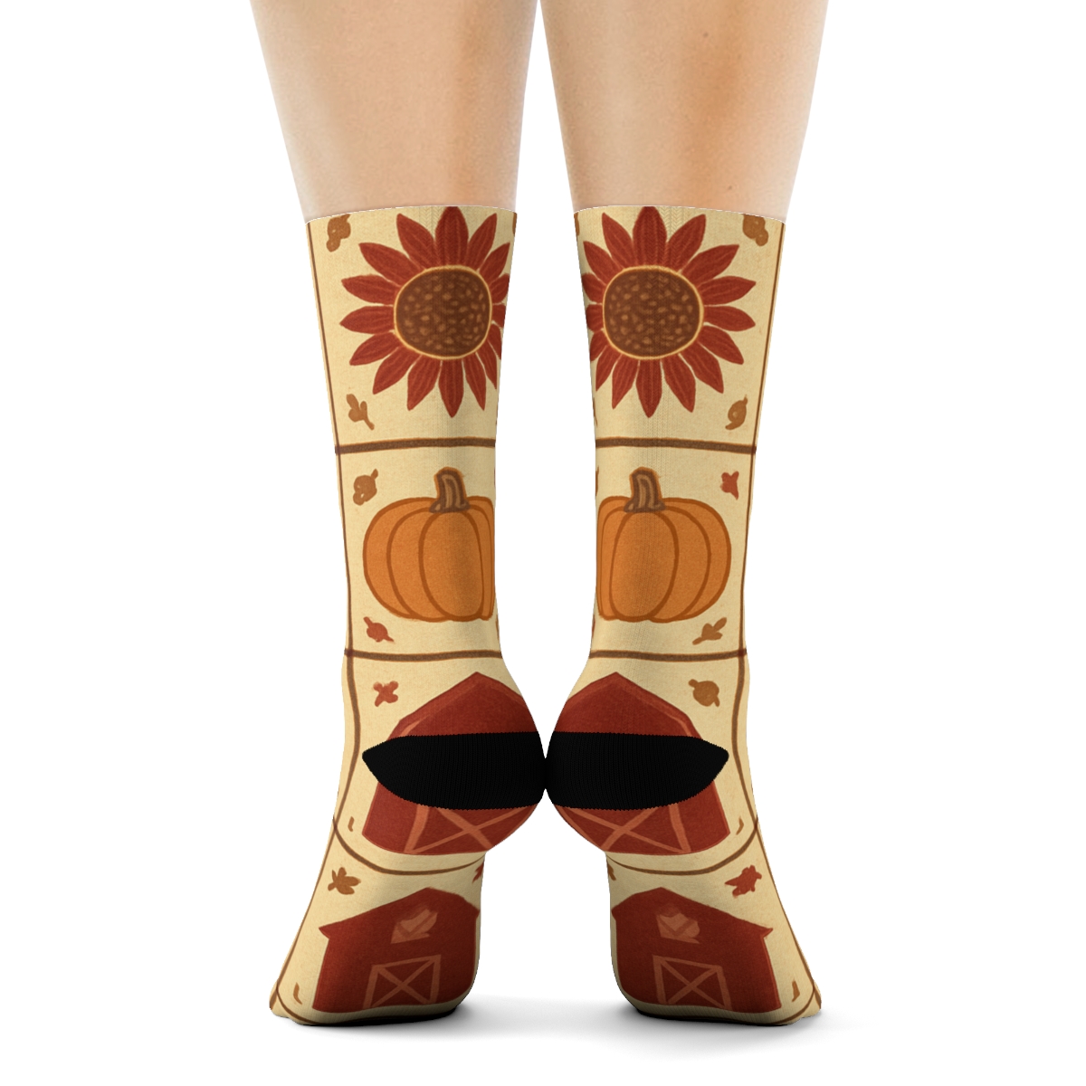 Vintage Pumpkin Patch Grid On Cream designer printed crew socks