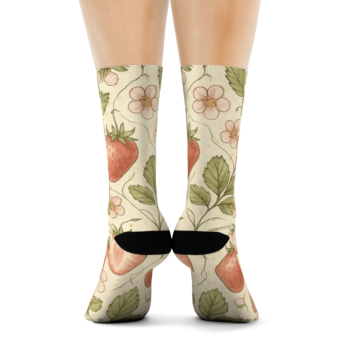 Vintage Strawberry Herbarium Tile On Cream Parchment Background trendy patterned crew socks