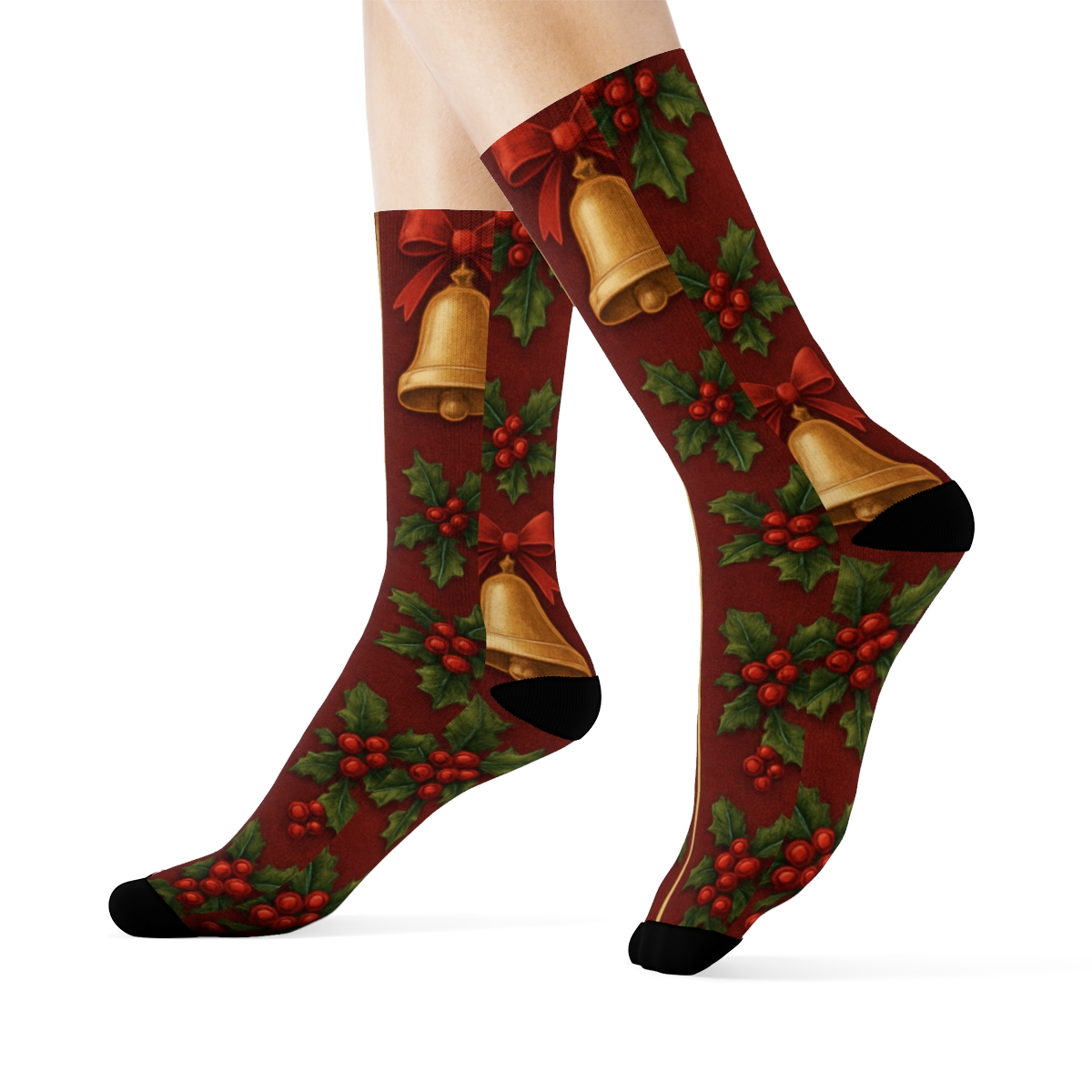 Vintage Xmas Poster Bells Stripe soft everyday crew socks