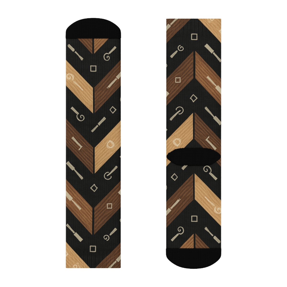 Walnut Plank Chevron With Carpenter Motif Highlights personalized crew socks