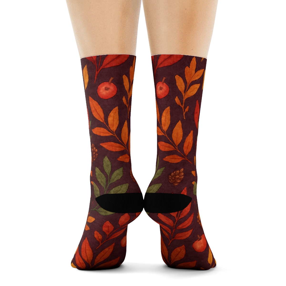 Watercolor Falling Leaves Scatter Rhythm On Deep Plum Background trendy patterned crew socks